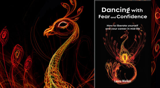 Book cover Dancing with Fear and Confidence: large image of a bright phoenix rising over a dark background